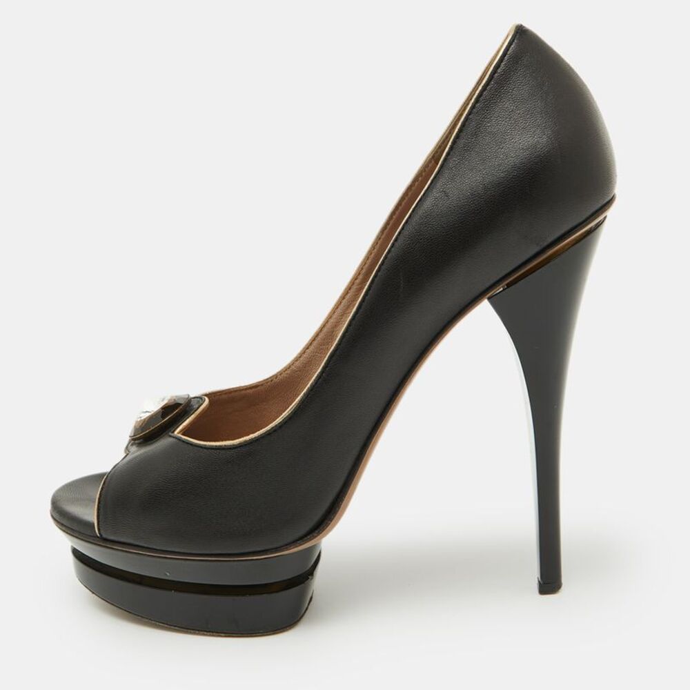 Versace Black Leather Crystal Peep Toe Platform Pumps Size 38.5